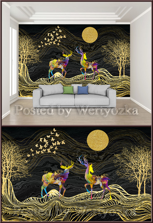 3D psd background wall deer and gold decor
