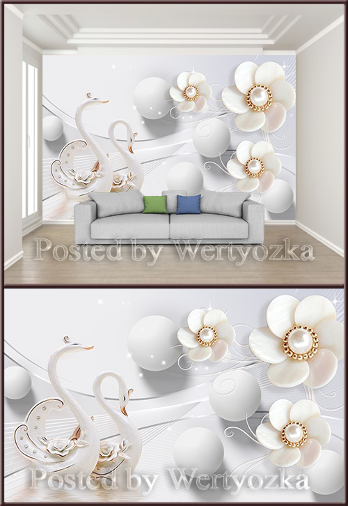 3D psd background wall swan romantic pearl jewelry