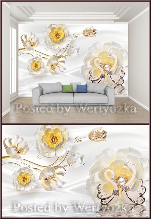 3D psd background wall jewels flowers pearls swan