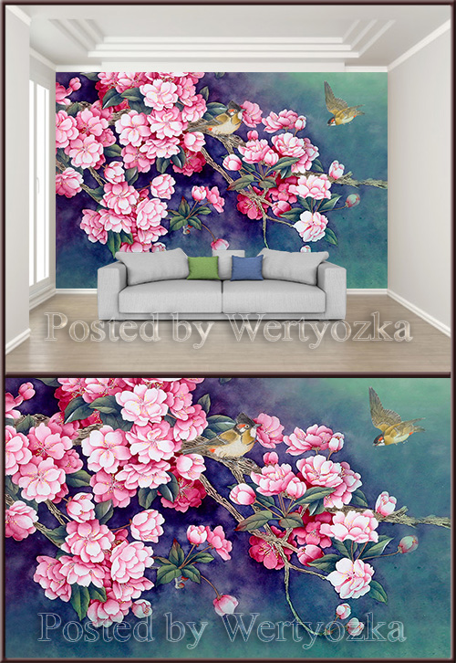 3D psd background wall beautiful hand painted ink bird