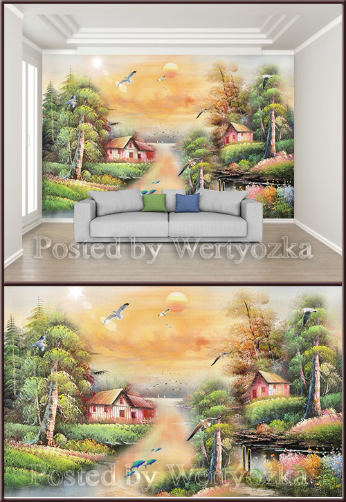 3D psd background wall minimalist rural pastoral living room