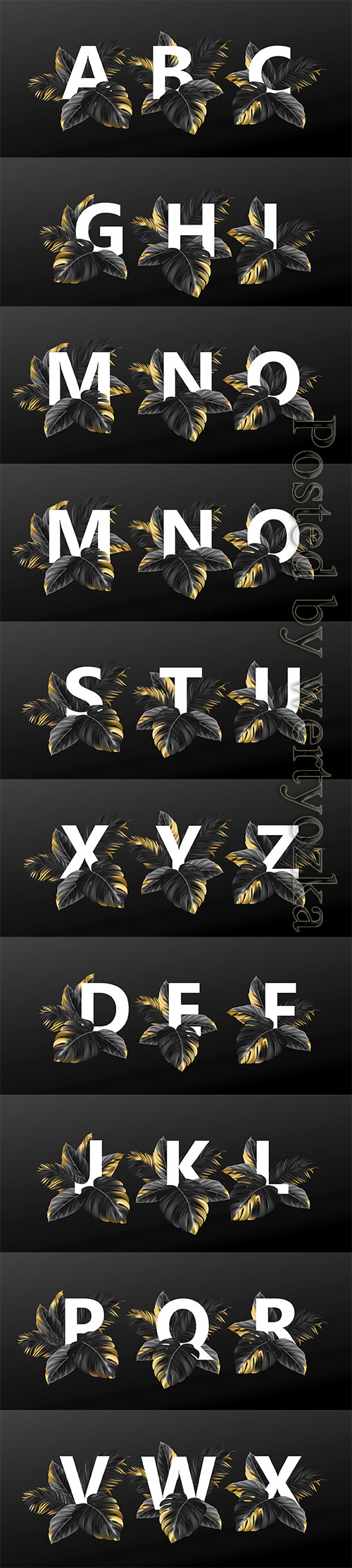 Alphabet letters in black with golden exotic tropical leaves of plants