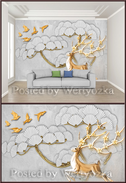 3D psd background wall beautiful embossed flowers flying bird
