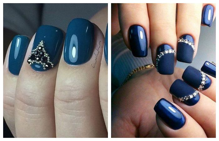 Дизайн ногтей синий с белым гель-лаком. Фото френч, со стразами, серебром