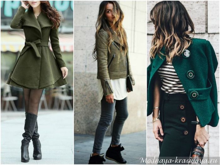 Зеленый цвет в одежде.</div>
<div> С чем сочетается, к какому подходит, кому идет, с чем носить. Фото» /></div>
<p>
Стильные луки с зеленой верхней одеждой:
</p>
<ol>
<li>Ярко-зеленое пальто оживит и наполнит молодостью гардероб из платья черного цвета и лаковой обуви.</li>
<li>Зеленое шерстяное пальто идеально выглядит в окружении коричневых, бежевых вещей. Добавить можно мелкую деталь белого или пастельно-розового цвета.</li>
<li>Болотного цвета пальто идеально, стильно смотрится в окружении коричневых, черных и кофейных оттенков находящейся вокруг одежды. Белые аксессуары добавляют нотки свежести и яркости.</li>
<li>Пальто светло-зеленого цвета прекрасно выглядит поверх светлых оттенков одежды.</li>
<li>Зеленое пальто в комбинировании с красными и синими оттенками остальных деталей одежды придаёт практически этнический или шотландский оттенок образу.</li>
</ol>
<h3>Украшения</h3>
<p>
Зеленый окрас относится к сложным, эту его характерность берут во внимание при подборе украшений:
</p>
<ol>
<li>На приглушенной зелени части сверху одежды прекрасно выглядят блестящие украшения. Если платье окрашено в мерцающий цвет, предпочтение отдают матовой бижутерии.</li>
<li>При подборе серебряных и золотых украшений особое обращают внимание на цвета зелени. Золото прекрасно комбинируется с зеленой одеждой, в плетении которой употреблены нити с оттенками желтого. Зелень холодного оттенка идеально выделяет серебро.</li>
<li>Зеленый окрас служит хорошим фоном для драгоценых или полудрагоценных камней. Безупречно выглядят яркие сочные украшения. Очень интересно, когда оттенок зелени отвечает цвету камня.</li>
</ol>
<div style=