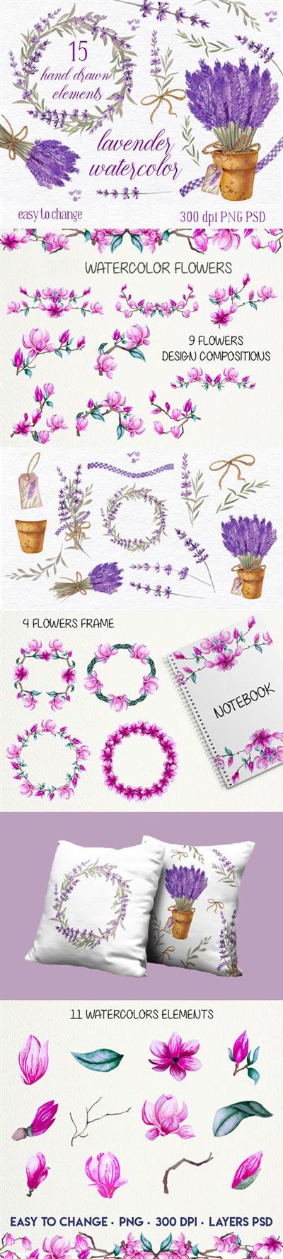 Lavender & Magnolia Watercolor Elements Collection