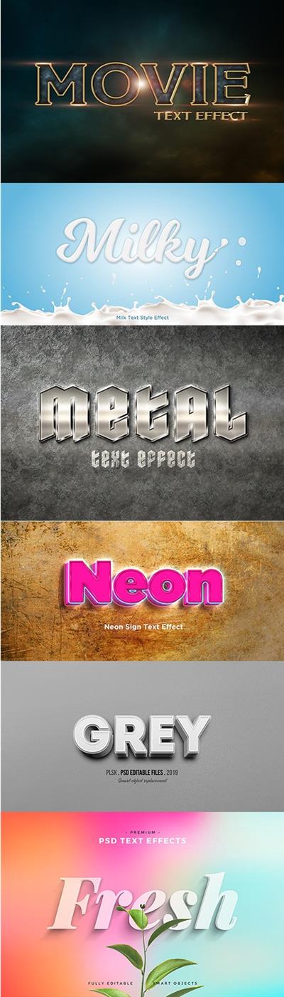 Set of Metal, Milky, Movie, Neon 3D, Gray 3d and Fresh Leaves Text Effect