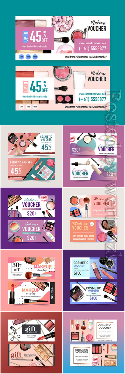 Cosmetic voucher vector set with lipstick, brush on, eyeshadow