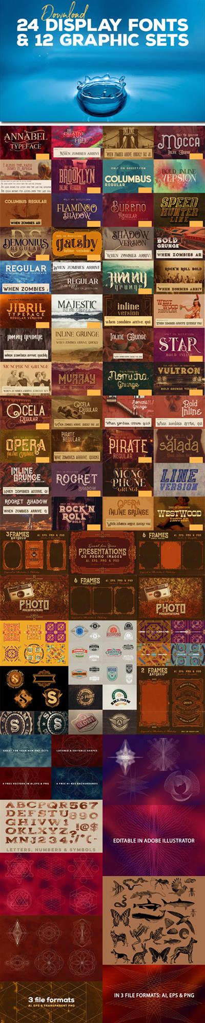Awesome Bundle  24 Creative Display Fonts + 12 Various Graphics Sets !