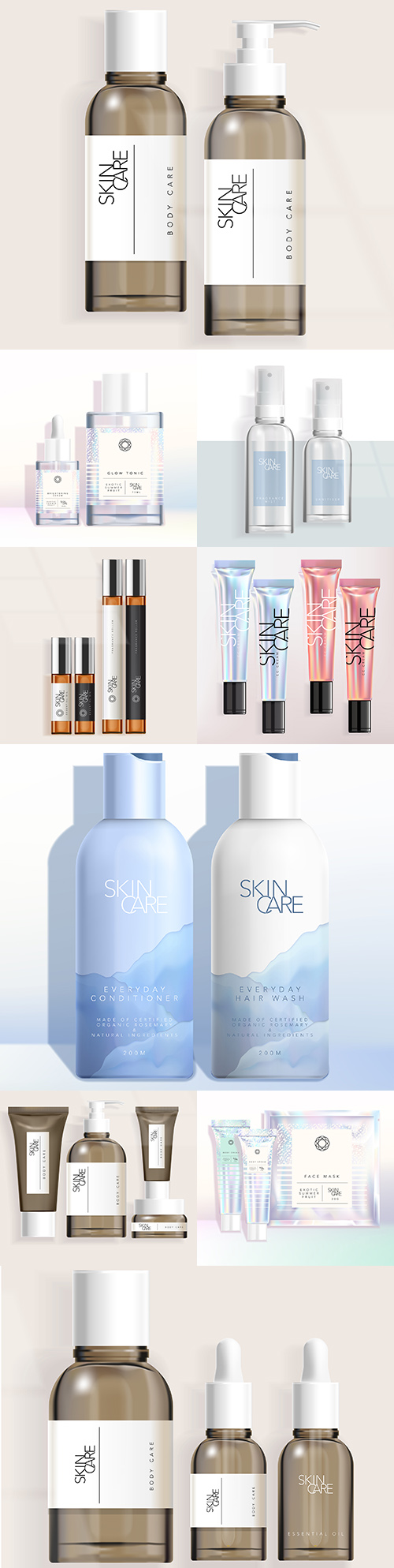 Skin care bottles and holographic rainbow packaging
