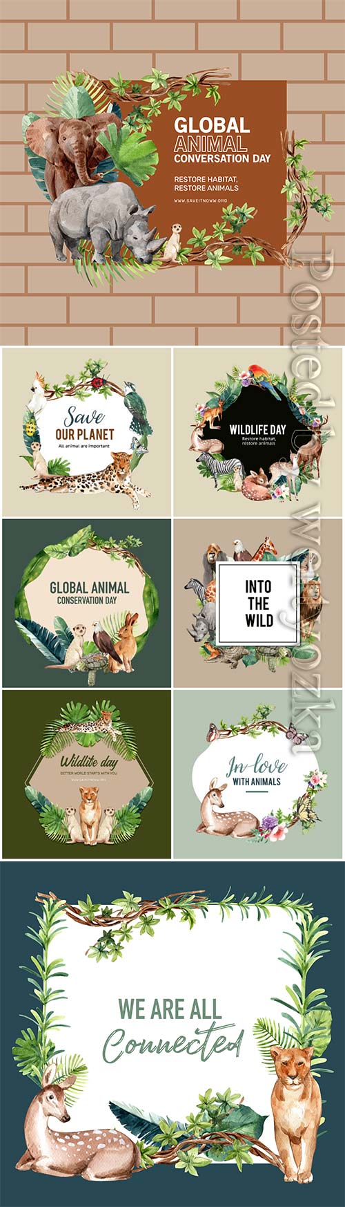 Zoo wreath design with eagle, gorilla, giraffe, rhino watercolor illustration
