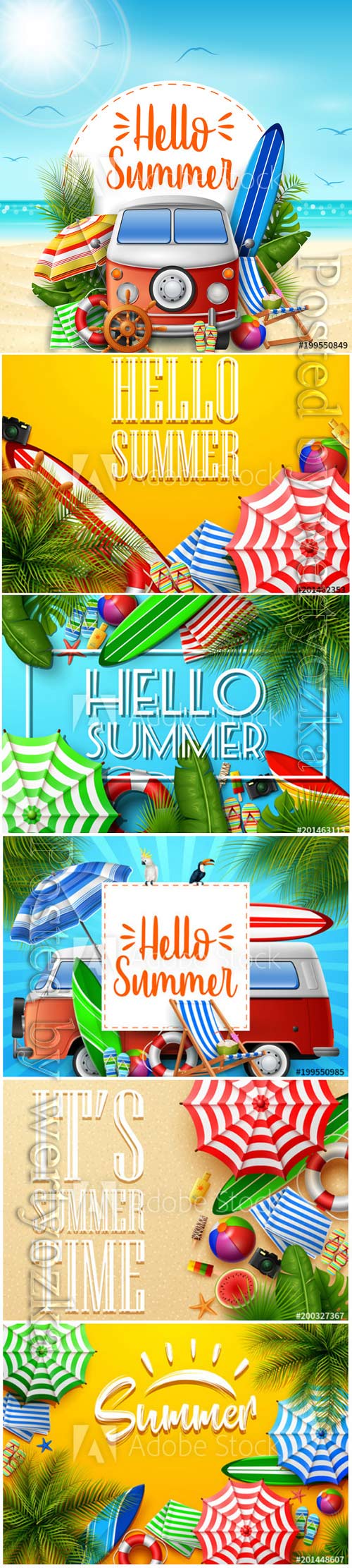 Hello summer vector banner, tropical leaves and beach element collections