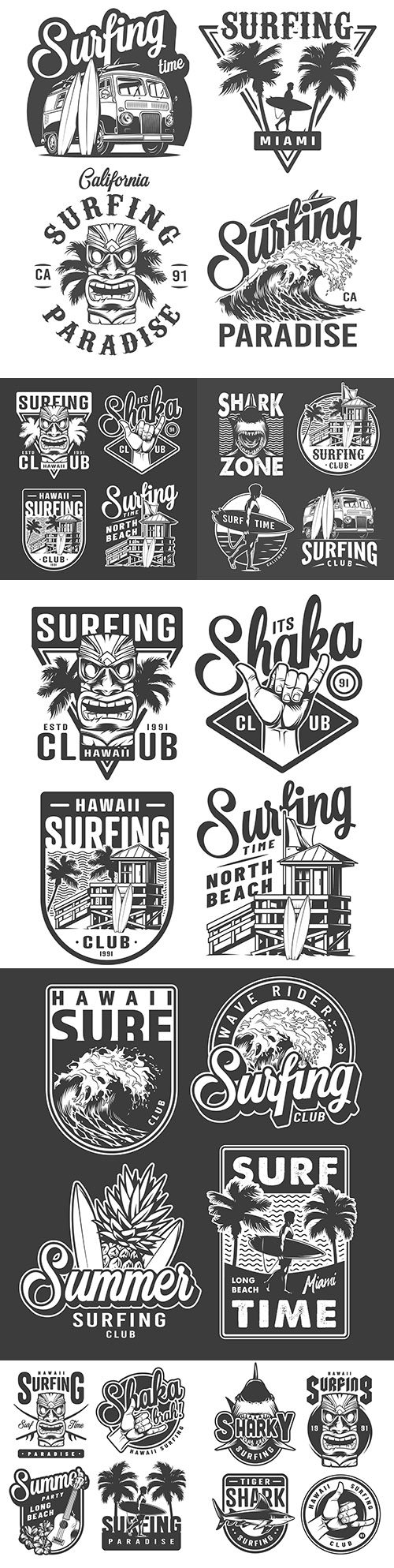 Monochrome vintage badges and surfing emblems
