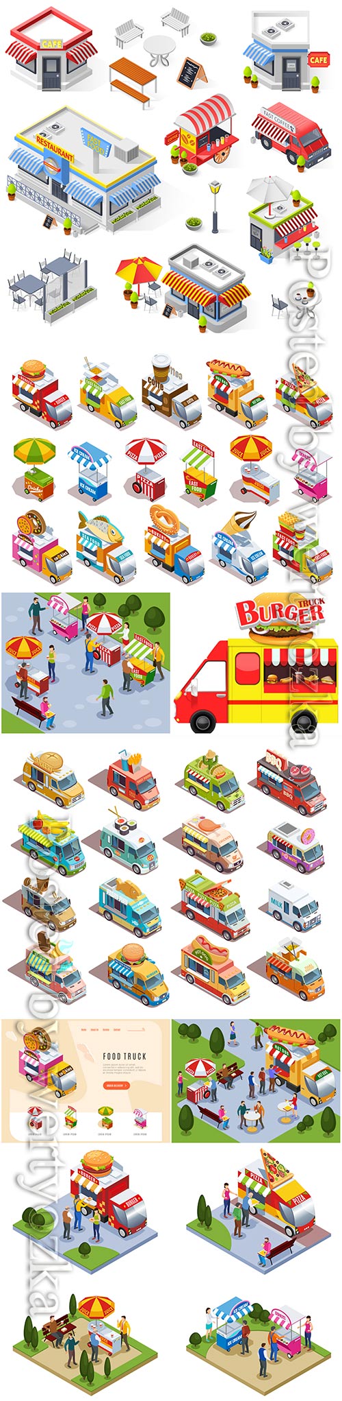 Food trucks and street carts vending fast food drinks and ice cream isometr ...