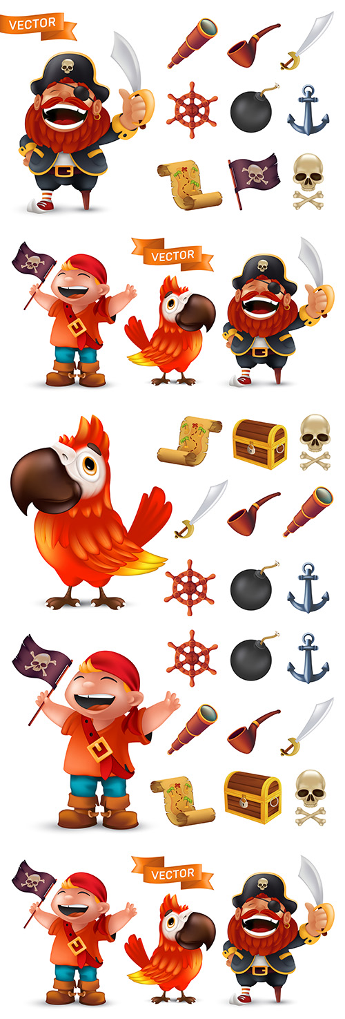 Pirate captain with weapons drawn cartoon illustration
